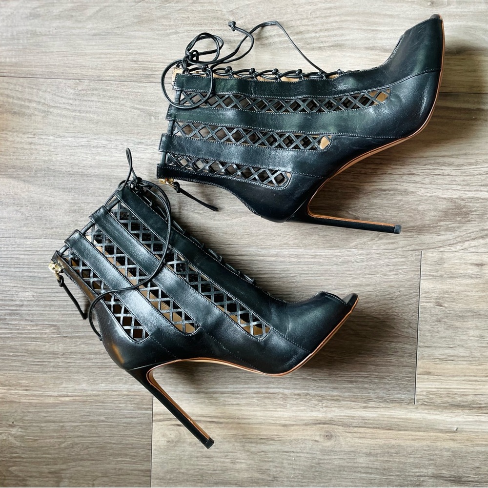 Francesco Russo Black Lace-Up Peep-Toe Heels
